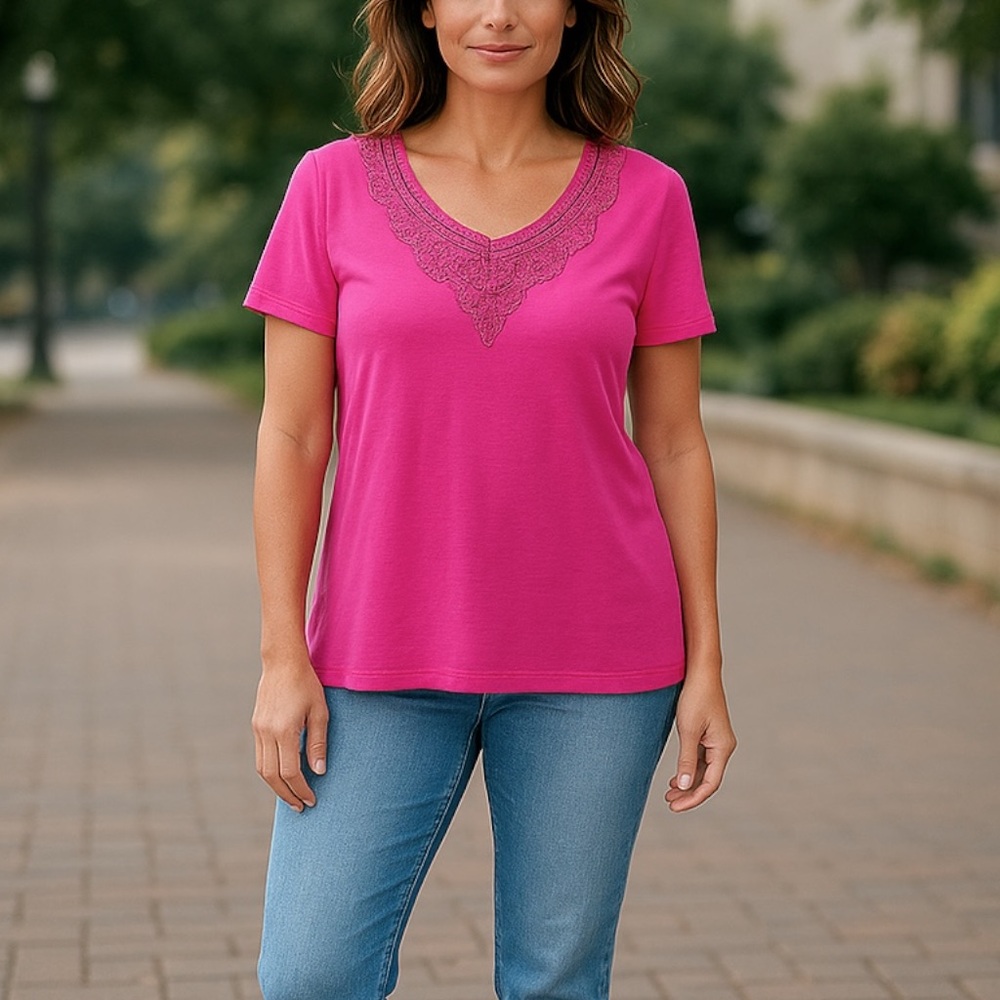 Ralph Lauren Top Womens 2X Pink Cotton Tee Shirt Lace Crochet Raglan Grannycore